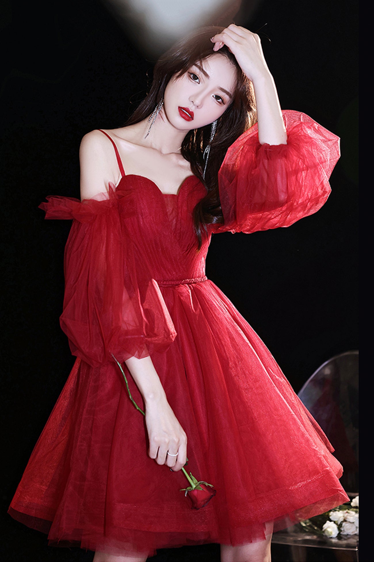 Red Tulle Short Prom Dress, A-Line Puff Sleeve Evening Party Dress
