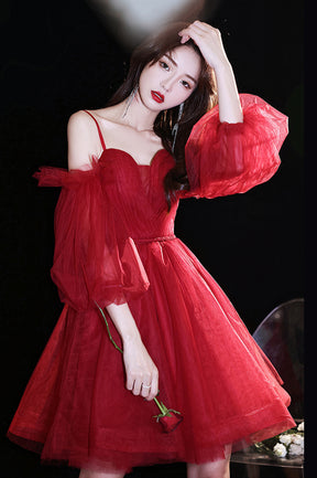 Red Tulle Short Prom Dress, A-Line Puff Sleeve Evening Party Dress