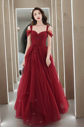 Burgundy Tulle Long A-Line Prom Dress, Burgundy Evening Party Dress