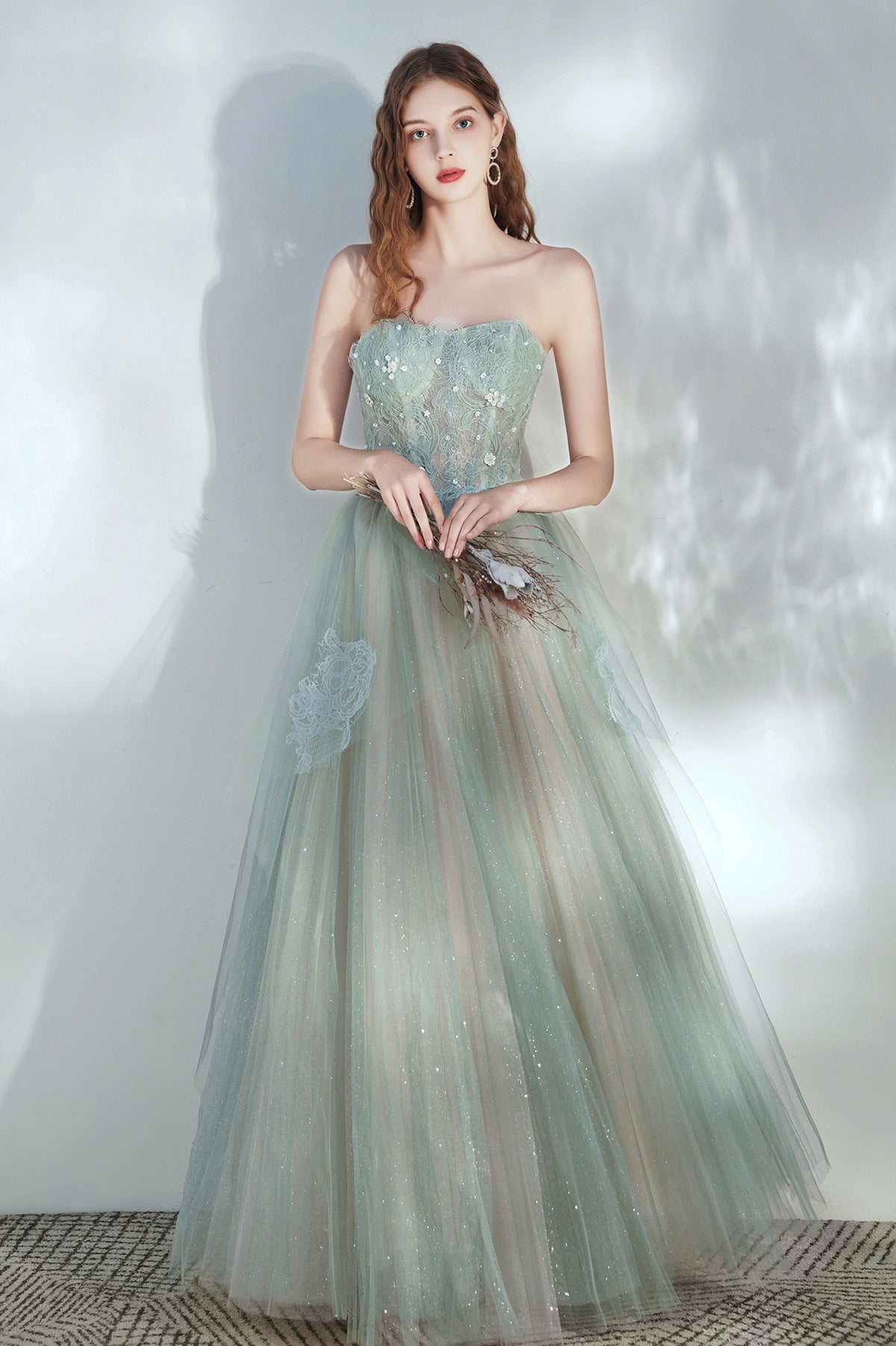 Green Tulle Lace Long A-Line Prom Dress, Cute Strapless Evening Party Dress