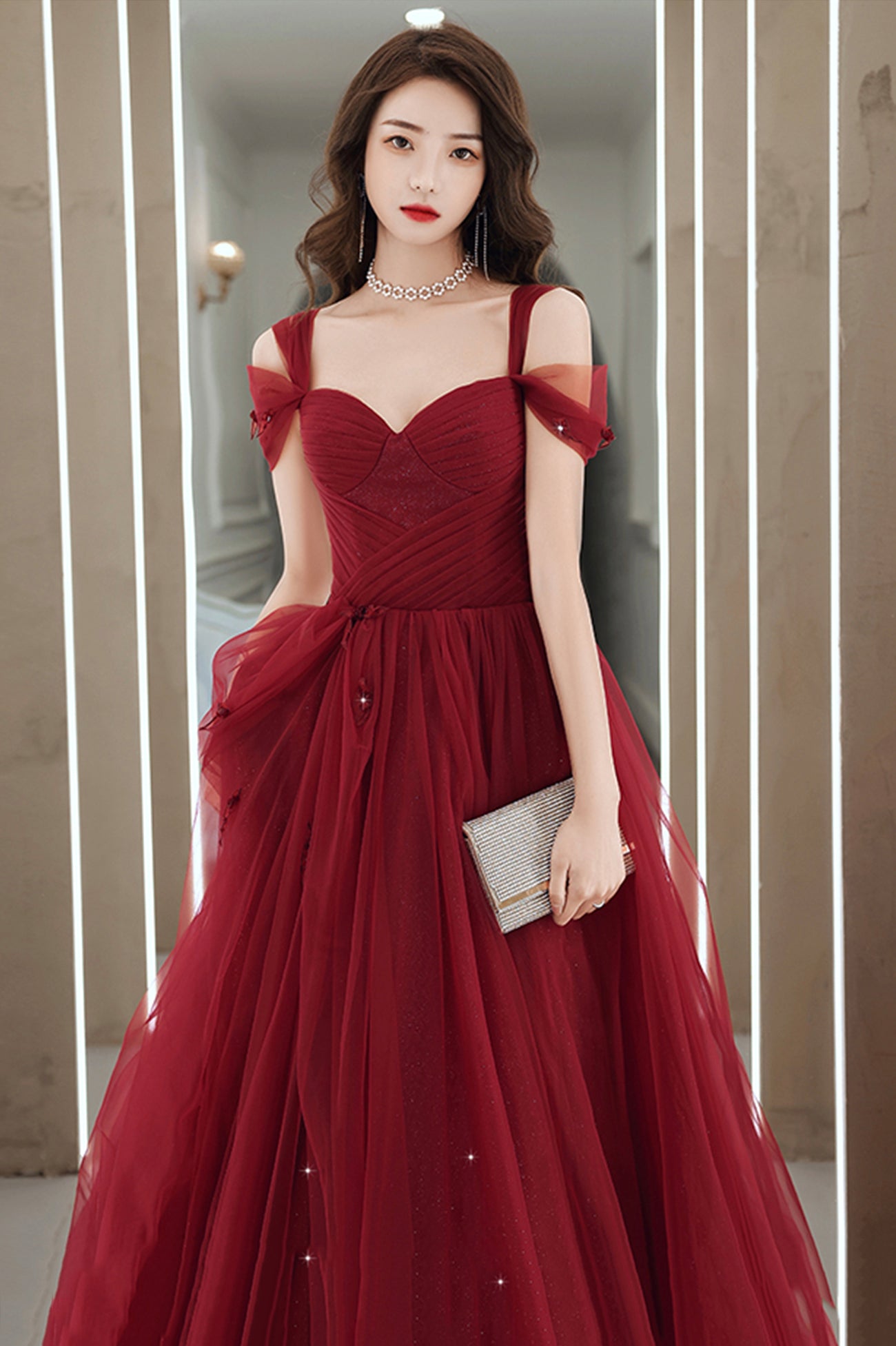 Sexy Burgundy Low Back Evening Gown - TheCelebrityDresses