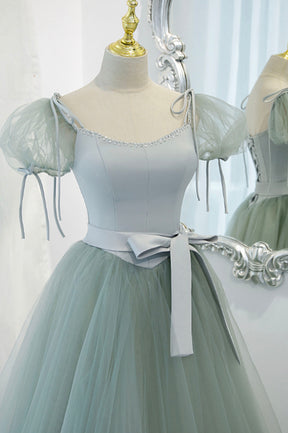 Green Tulle Long A-Line Prom Dress, Cute Short Sleeve Graduation Dress