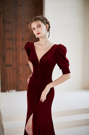 Burgundy Velvet Long Mermaid Prom Dress, Short Sleeve Evening Dress with Slit