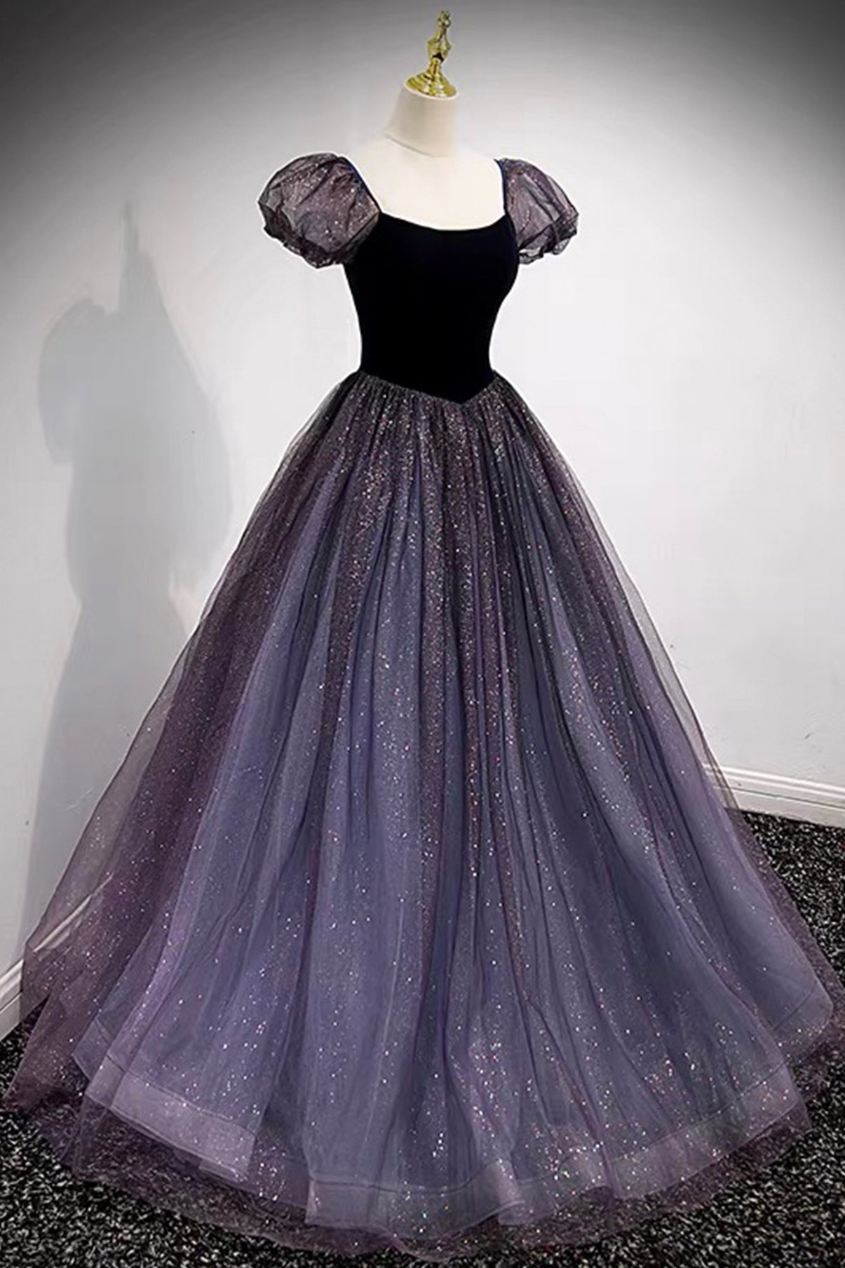 Purple Scoop Tulle Long A-Line Prom Dress, Lovely Short Sleeve Evening Dress