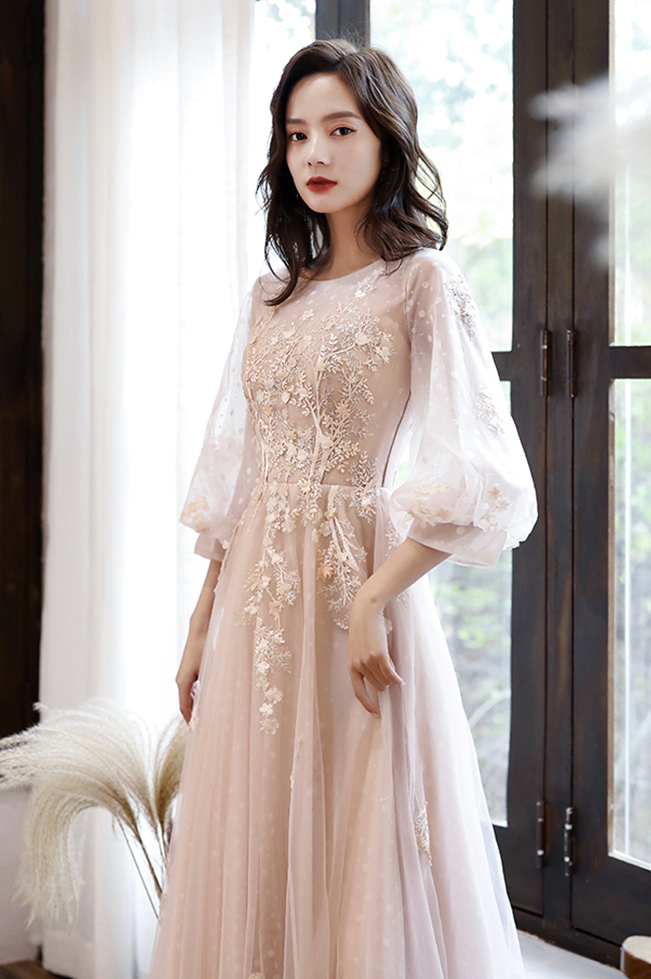 Pink Tulle Lace Long Sleeve Prom Dress, Lovely A-Line Party Dress