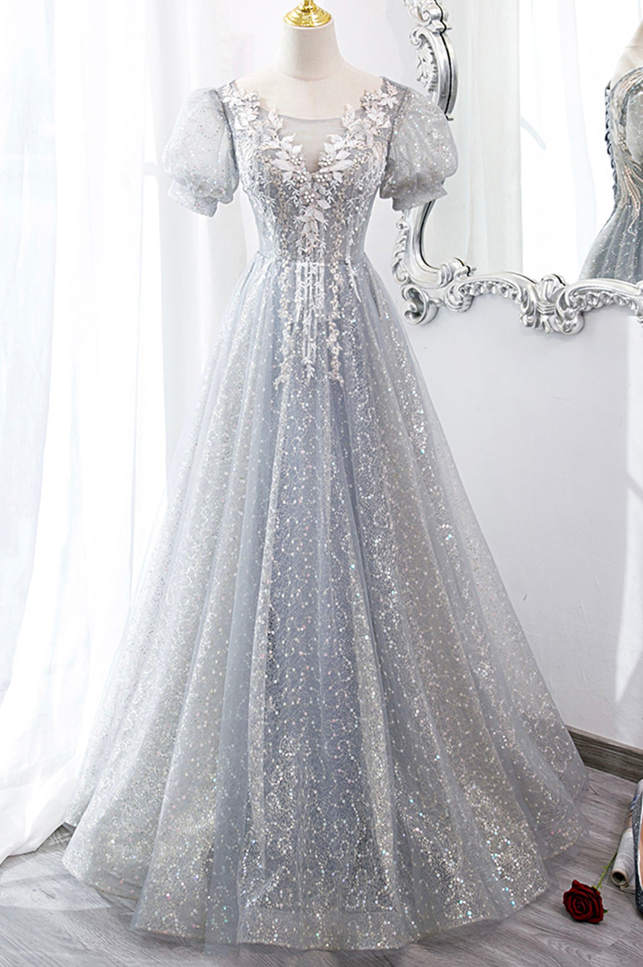 Gray Lace Long A-Line Prom Dress with Sequins, Cute Short Sleeve Eveni Gray Lace Long A-Line Prom Dress with Sequins, Cute Short Sleeve Eveni