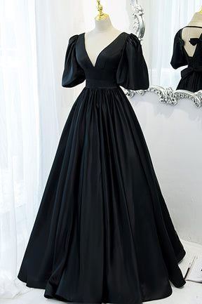 Black V-Neck Satin Long Prom Dress, A-Line Short Sleeve Evening Dress