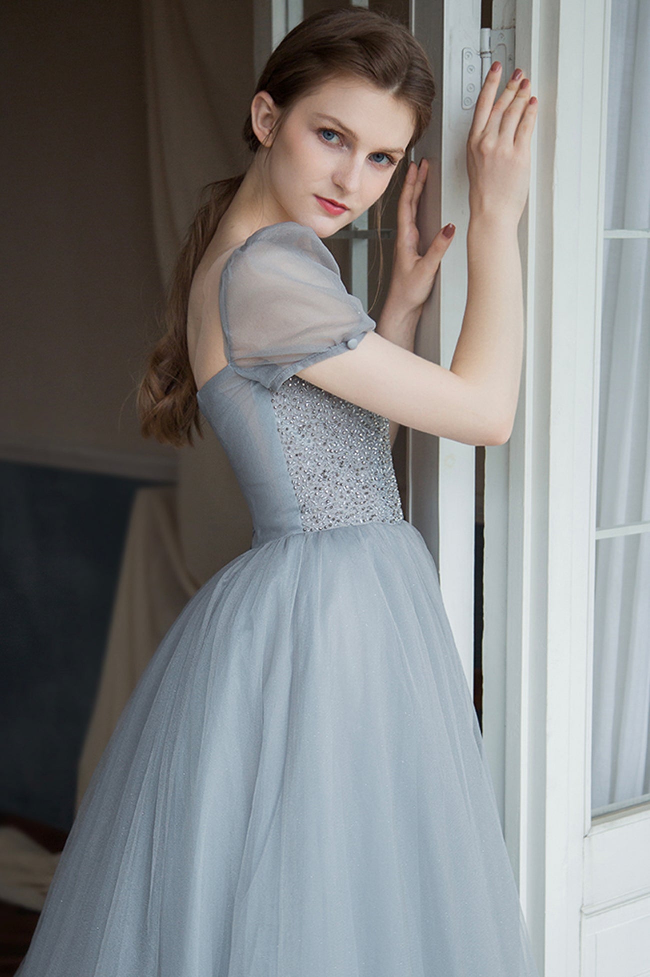 Gray A-Line Tulle Long Prom Dress with Beaded, Gray Evening Party Dress