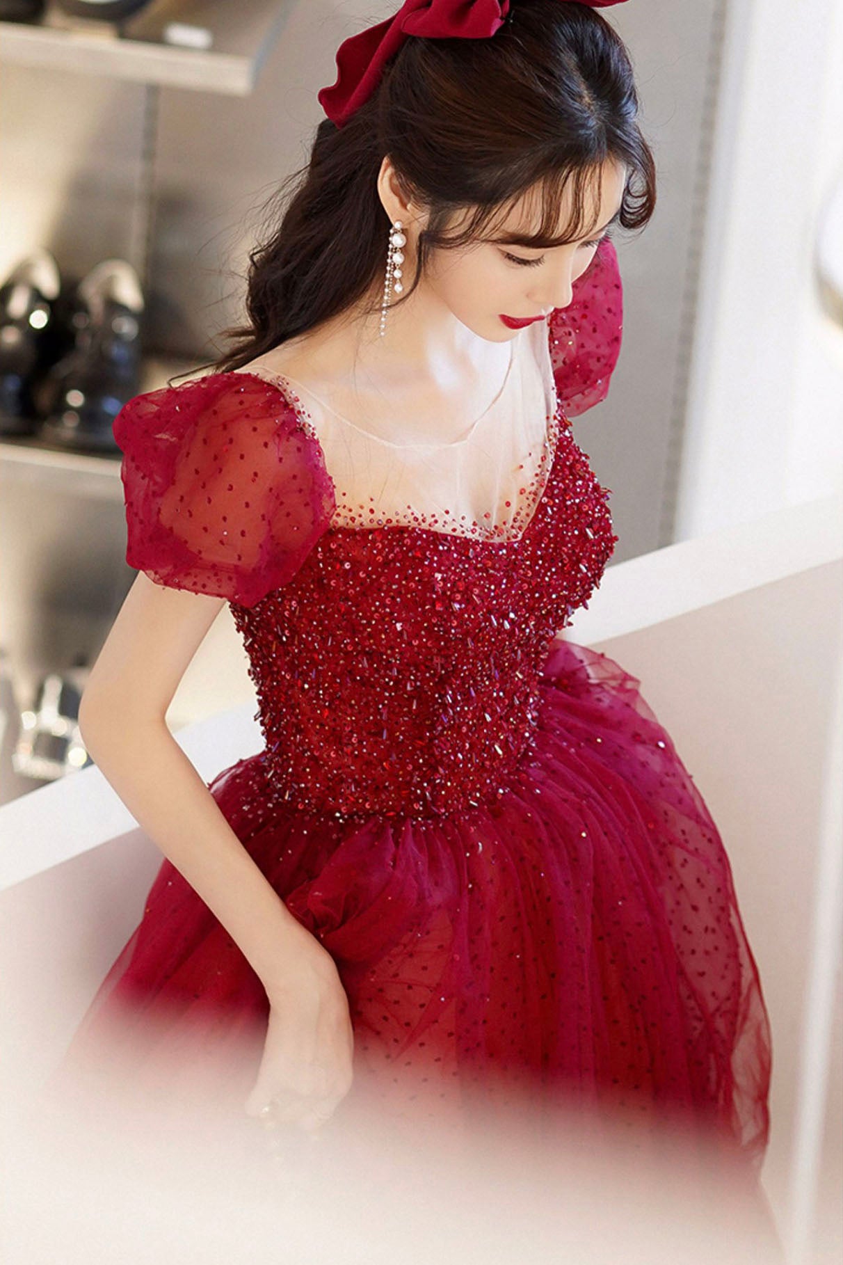 Red Scoop Neckline Tulle Long Prom Dress with Sequins, A-Line Formal E Red Scoop Neckline Tulle Long Prom Dress with Sequins, A-Line Formal E
