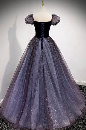 Purple Scoop Tulle Long A-Line Prom Dress, Lovely Short Sleeve Evening Dress