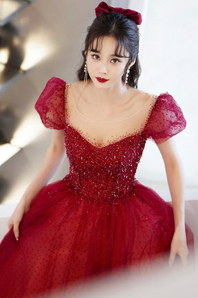 Red Scoop Neckline Tulle Long Prom Dress with Sequins, A-Line Formal Evening Dress