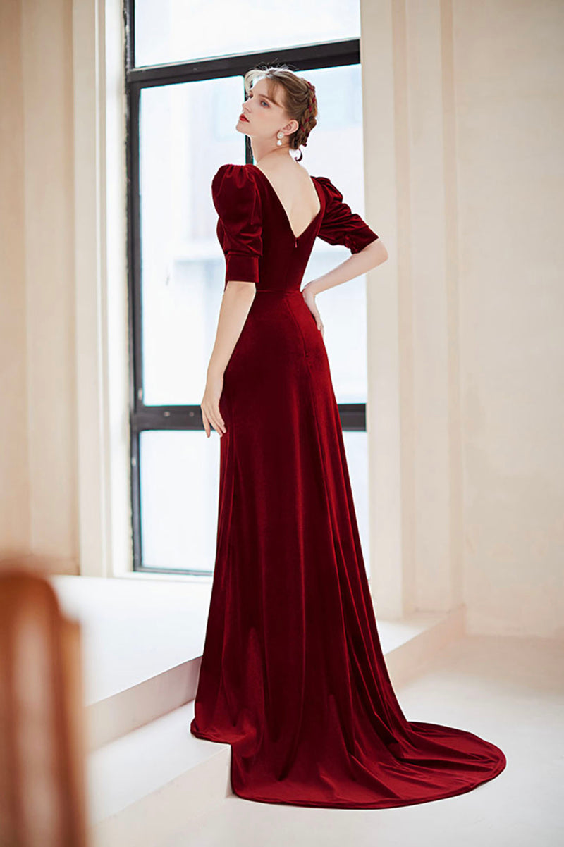 Burgundy Velvet Long Mermaid Prom Dress, Short Sleeve Evening Dress wi