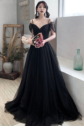 Black V-Neck Tulle Long Prom Dress, Off the Shoulder Evening Dress