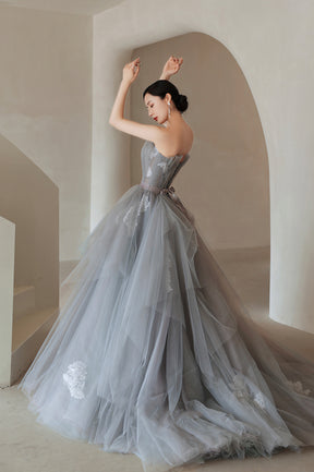 Gray Tulle Lace Long Prom Dress, A-Line Strapless Evening Party Dress