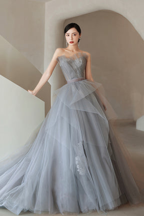 Gray Tulle Lace Long Prom Dress, A-Line Strapless Evening Party Dress