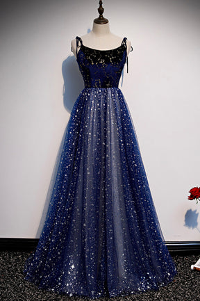 Blue Velvet Tulle Long A-Line Prom Dress, Blue Spaghetti Straps Evening Dress