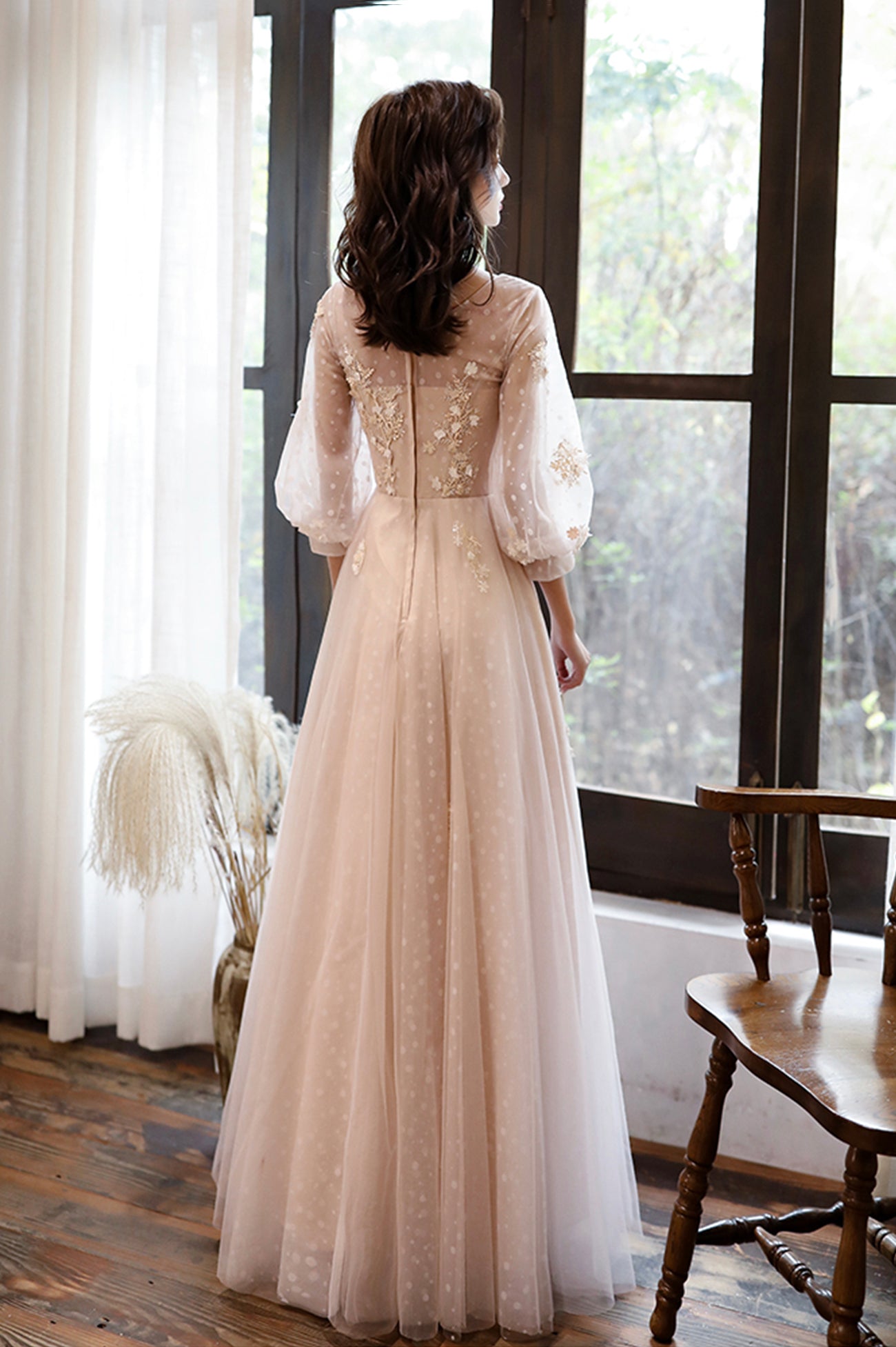 Pink Tulle Lace Long Sleeve Prom Dress, Lovely A-Line Party Dress Pink Tulle Lace Long Sleeve Prom Dress, Lovely A-Line Party Dress