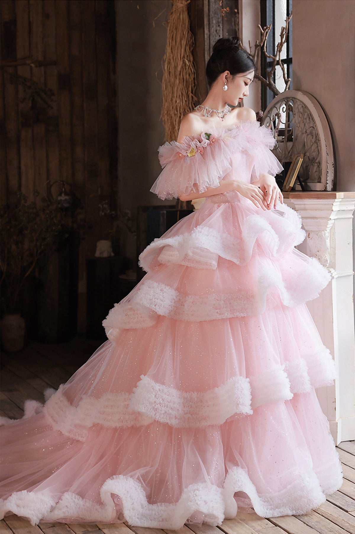 Pink Tulle Long A-Line Prom Gown, Off the Shoulder Sweet 16 Dress