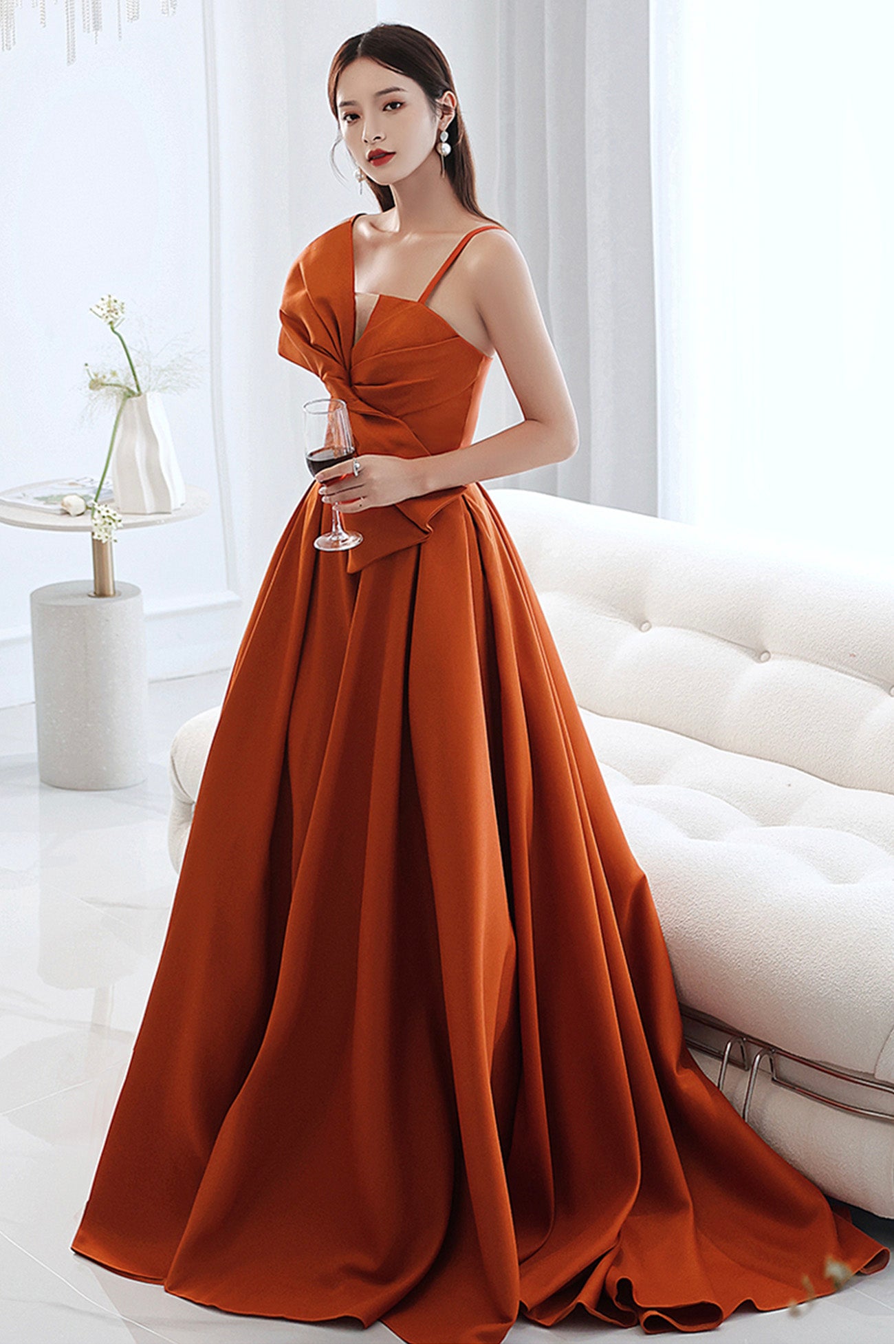 Orange Satin Long A-Line Prom Dress, Chic Evening Dress with Bow Orange Satin Long A-Line Prom Dress, Chic Evening Dress with Bow