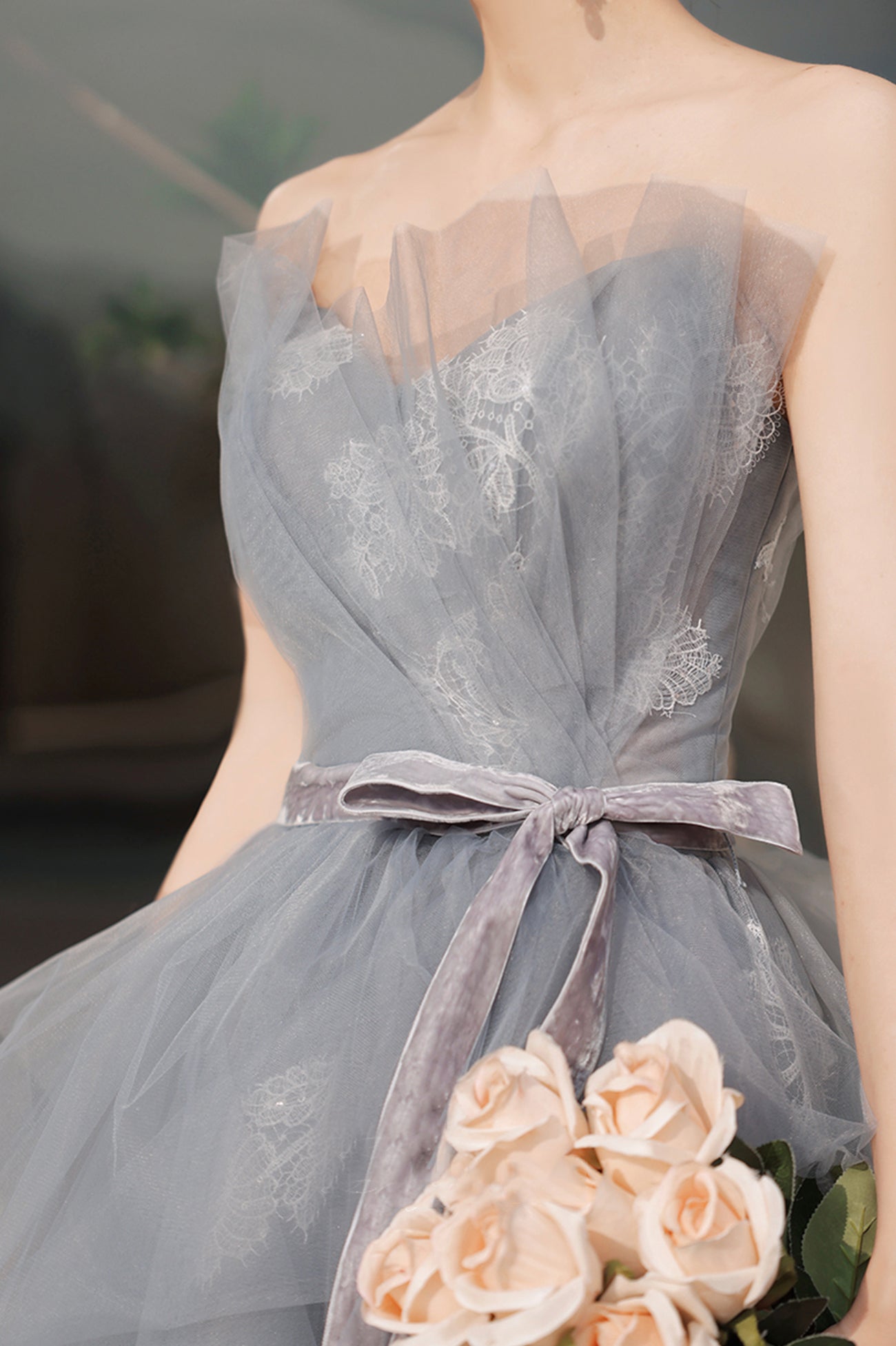 Gray Tulle Lace Long Prom Dress, A-Line Strapless Evening Party Dress