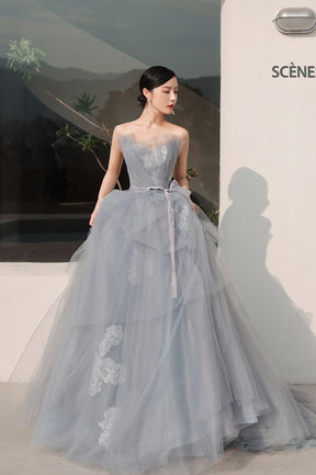 Gray Tulle Lace Long Prom Dress, A-Line Strapless Evening Party Dress