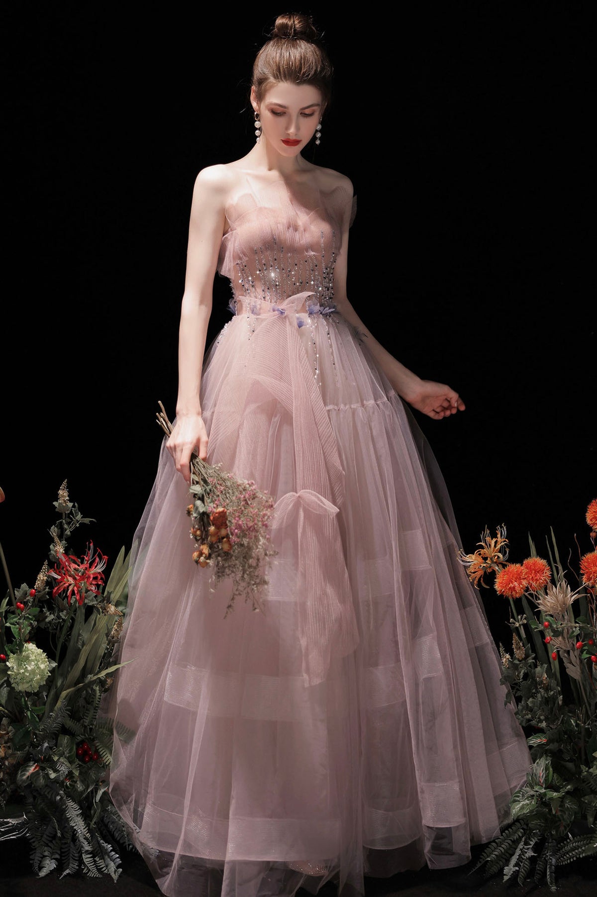 Pink Strapless Tulle Long Prom Dress with Beaded, Lovely Evening Party Dress