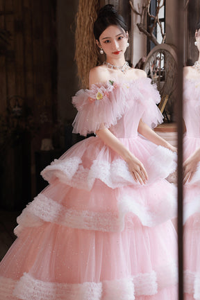 Pink Tulle Long A-Line Prom Gown, Off the Shoulder Sweet 16 Dress