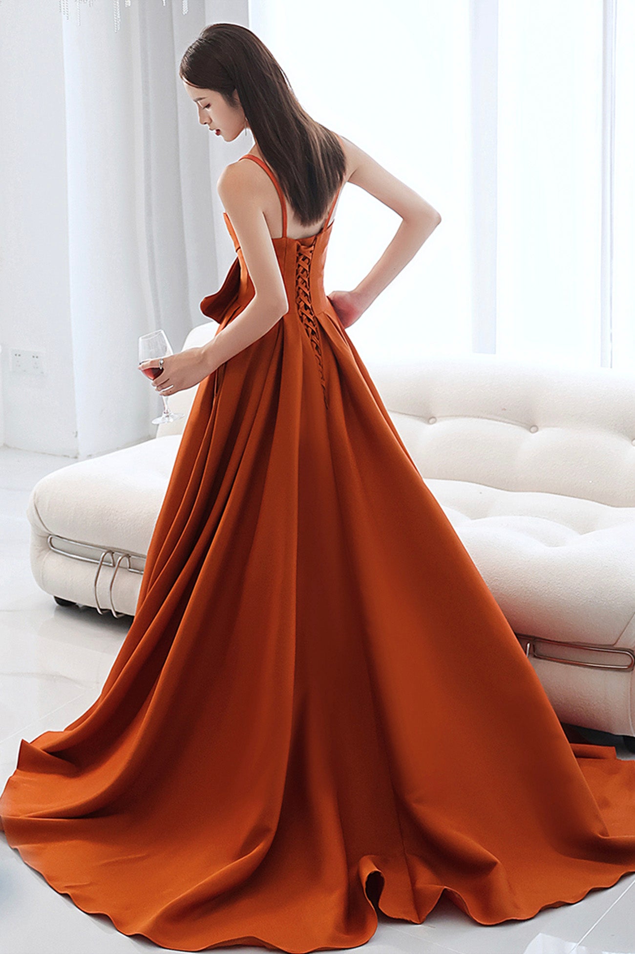 Orange Satin Long A-Line Prom Dress, Chic Evening Dress with Bow Orange Satin Long A-Line Prom Dress, Chic Evening Dress with Bow