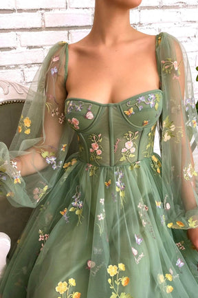 Green Tulle Lace Short Prom Dress, Cute Long Sleeve Homecoming Party Dress