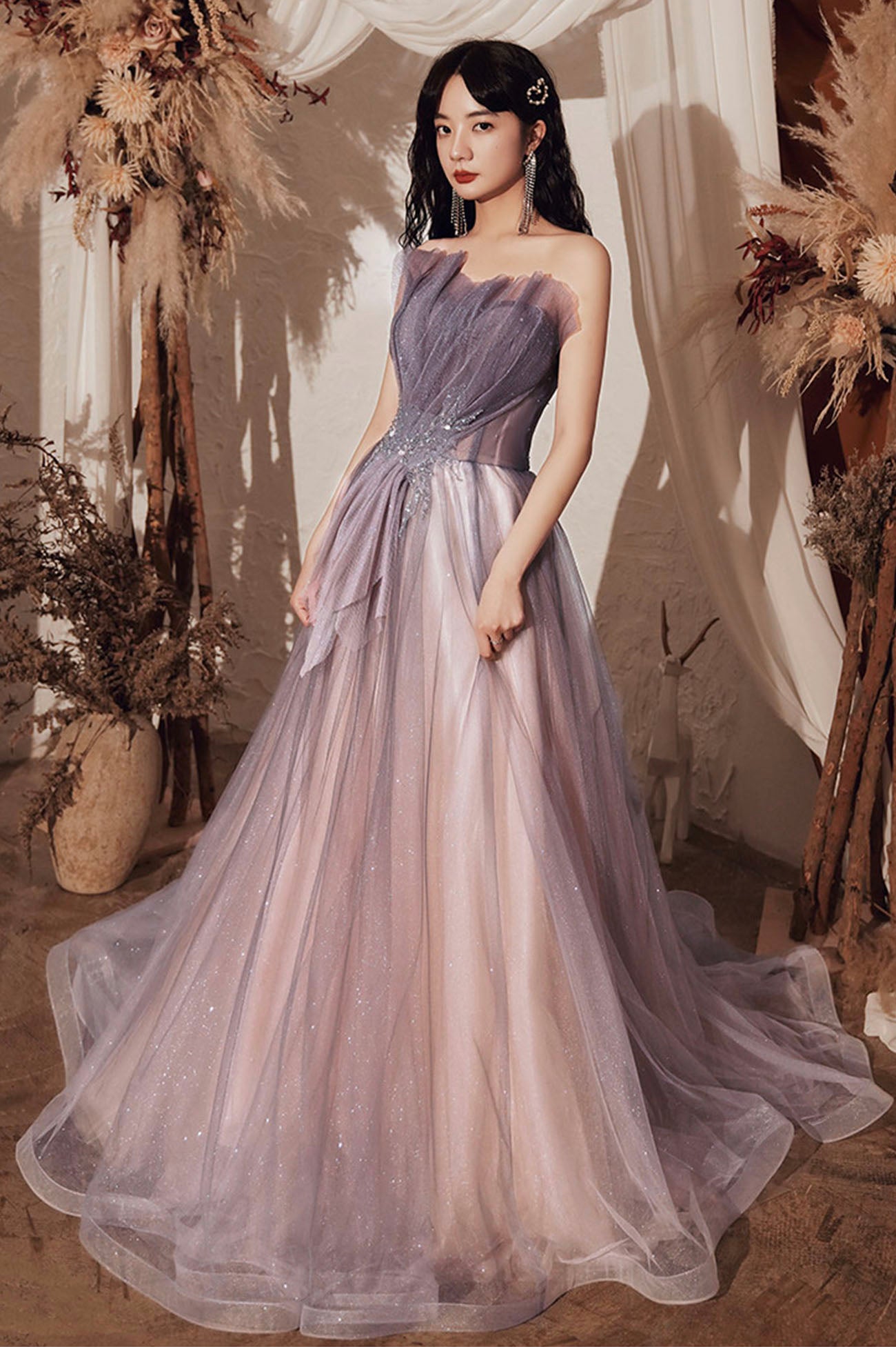 Purple Shiny Tulle Long A-Line Prom Dresses, Cute Strapless Graduation Dresses