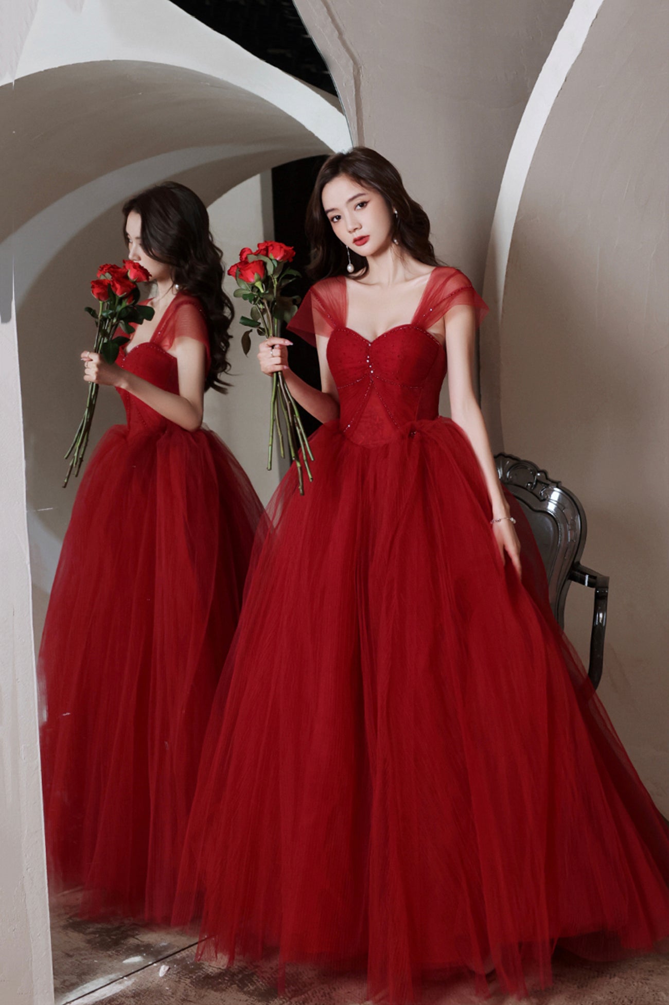Red Tulle Long A-Line Prom Dress, Off the Shoulder Evening Graduation