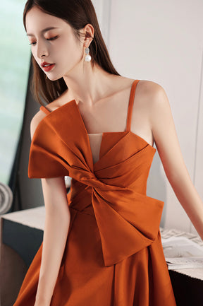 Orange Satin Long A-Line Prom Dress, Chic Evening Dress with Bow