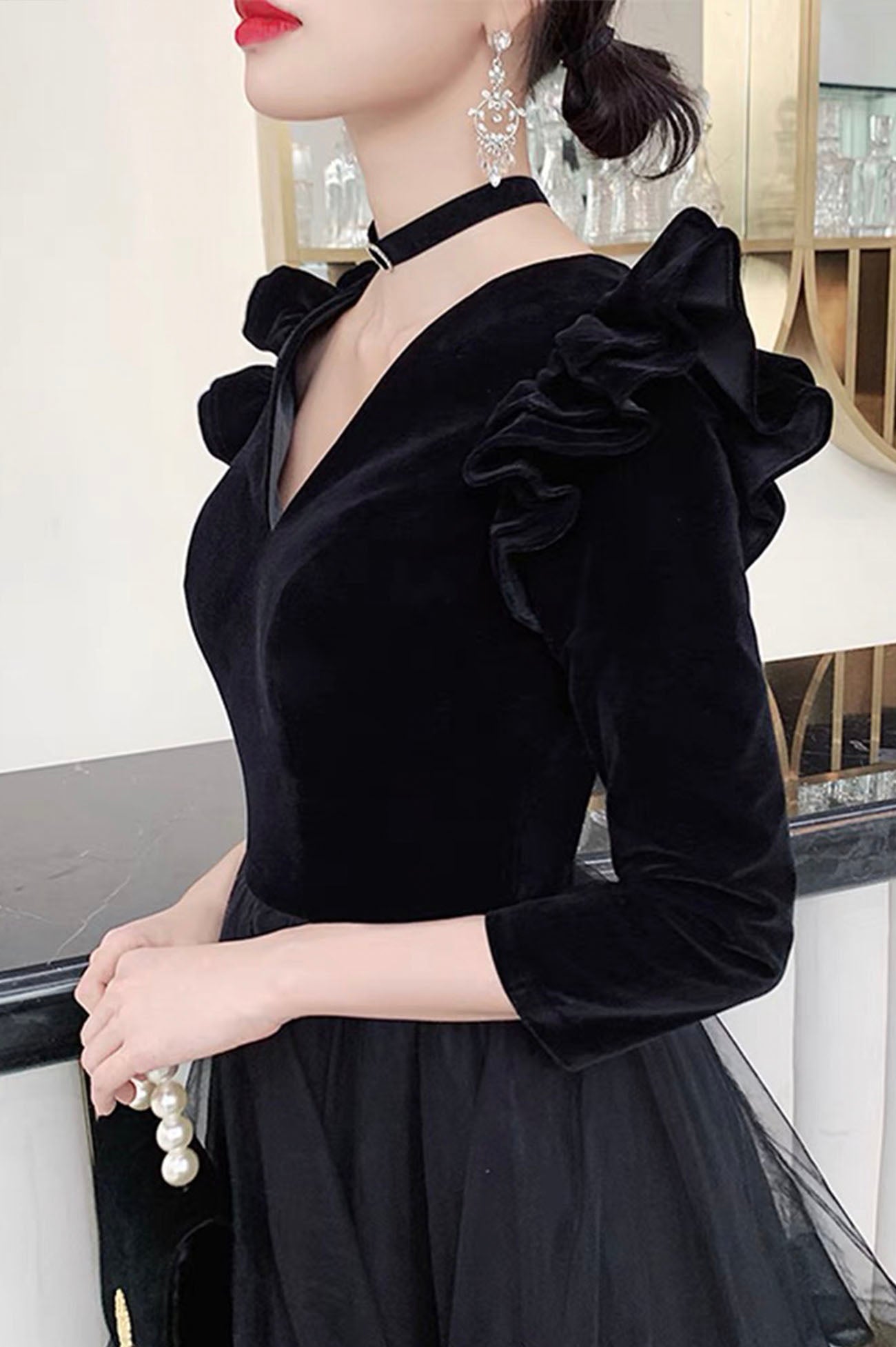 Black V-neck Velvet Tulle Long Prom Dress, Long Sleeve Party Dress Black V-neck Velvet Tulle Long Prom Dress, Long Sleeve Party Dress