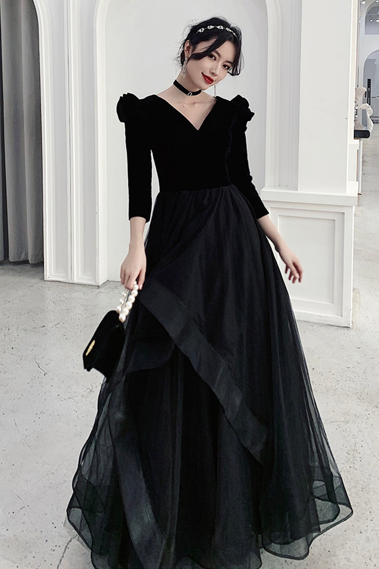 Black V-neck Velvet Tulle Long Prom Dress, Long Sleeve Party Dress