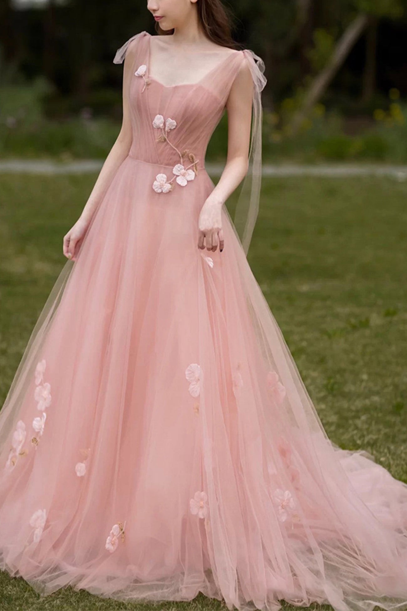 Pink A-Line Tulle Floor Length Prom Dress, Beautiful Evening Graduation Dress