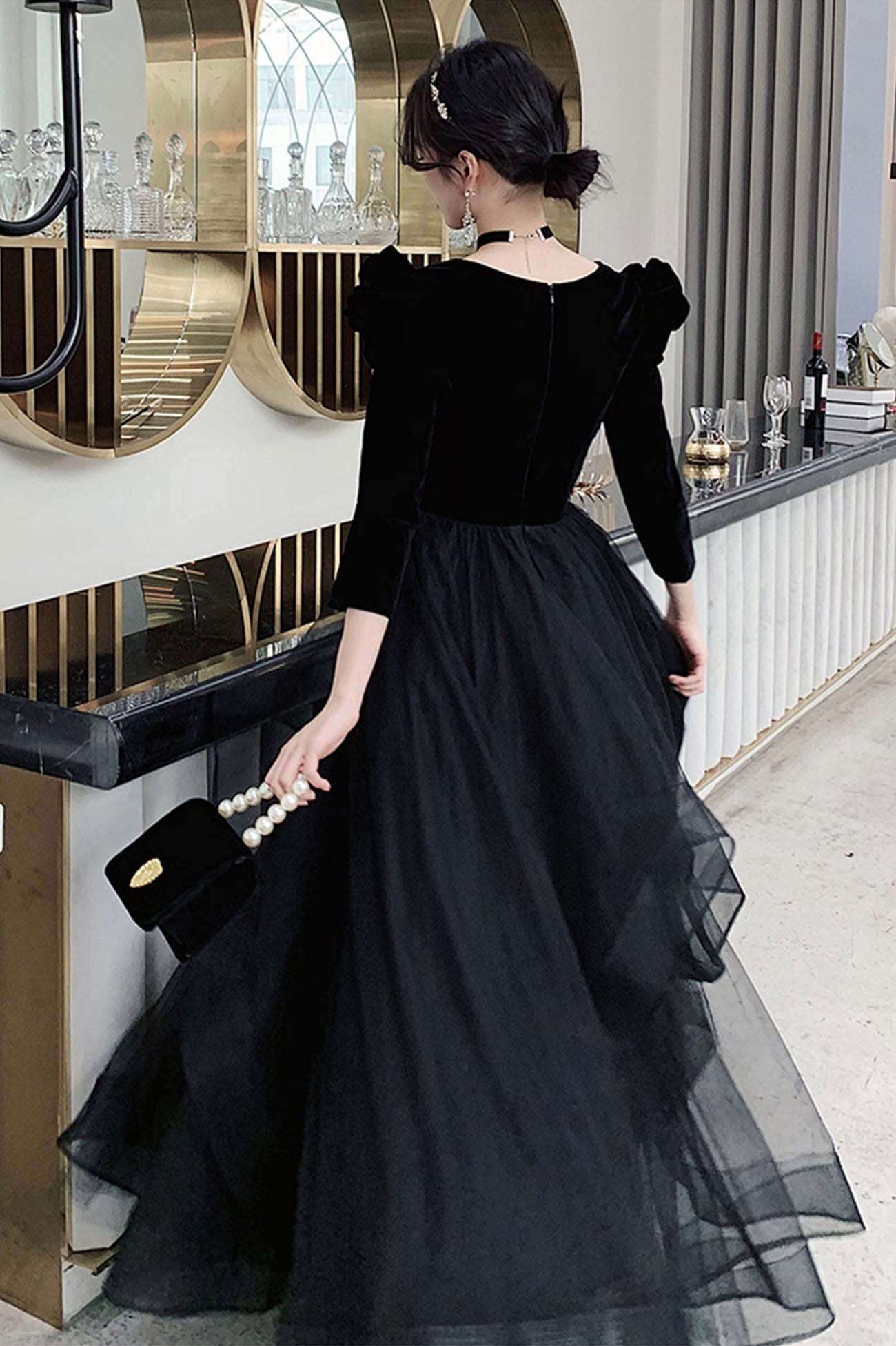 Black V-neck Velvet Tulle Long Prom Dress, Long Sleeve Party Dress Black V-neck Velvet Tulle Long Prom Dress, Long Sleeve Party Dress