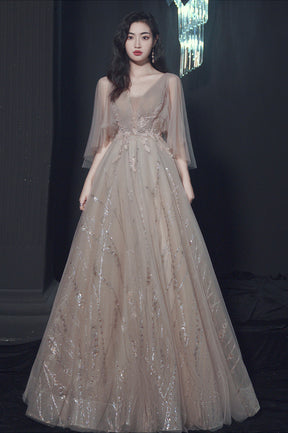 Champagne Tulle Sequins Long Prom Dress, V-Neck Evening Party Dress