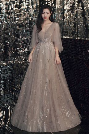 Champagne Tulle Sequins Long Prom Dress, V-Neck Evening Party Dress