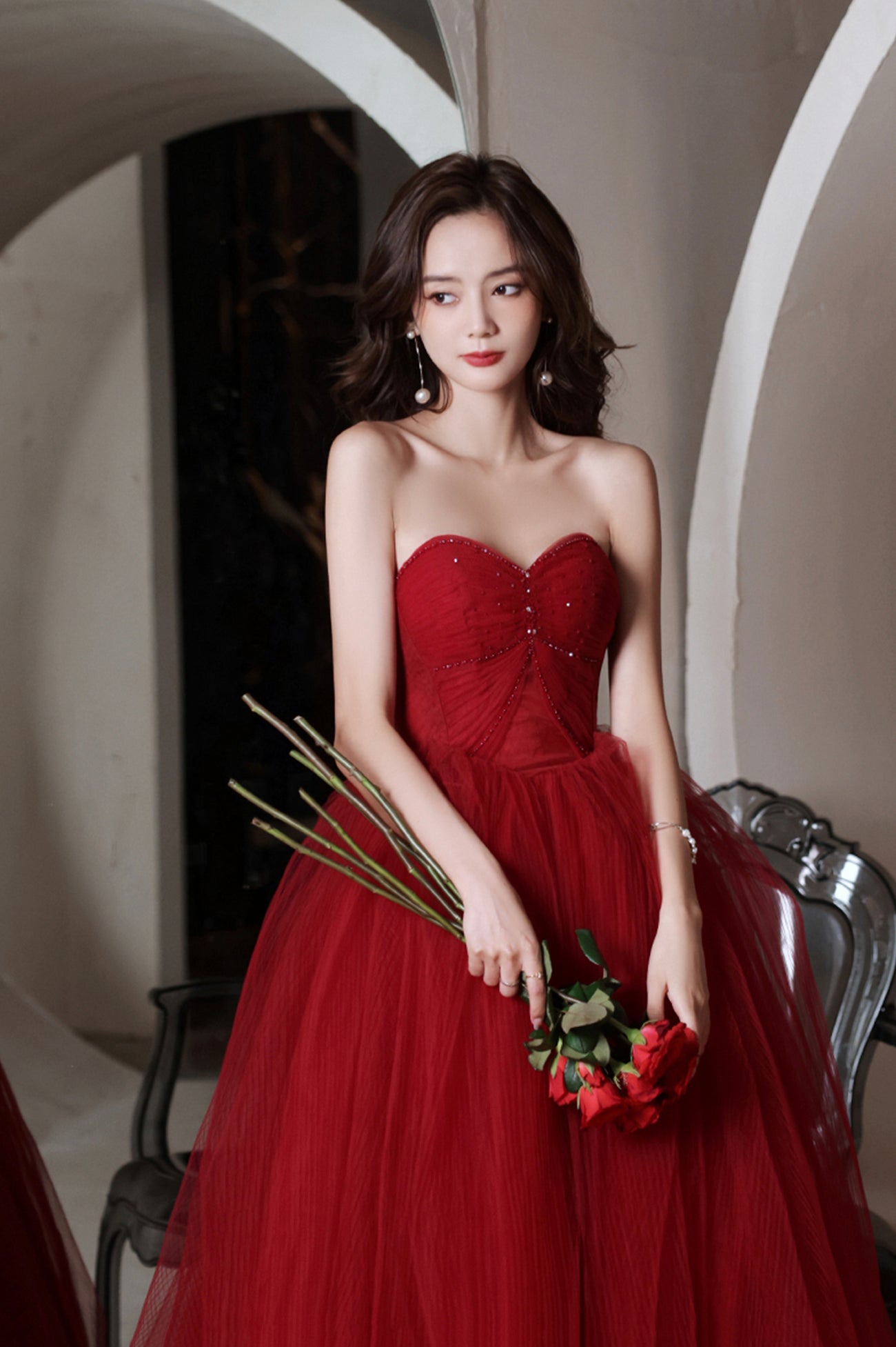 Red Tulle Long A-Line Prom Dress, Off the Shoulder Evening Graduation Red Tulle Long A-Line Prom Dress, Off the Shoulder Evening Graduation