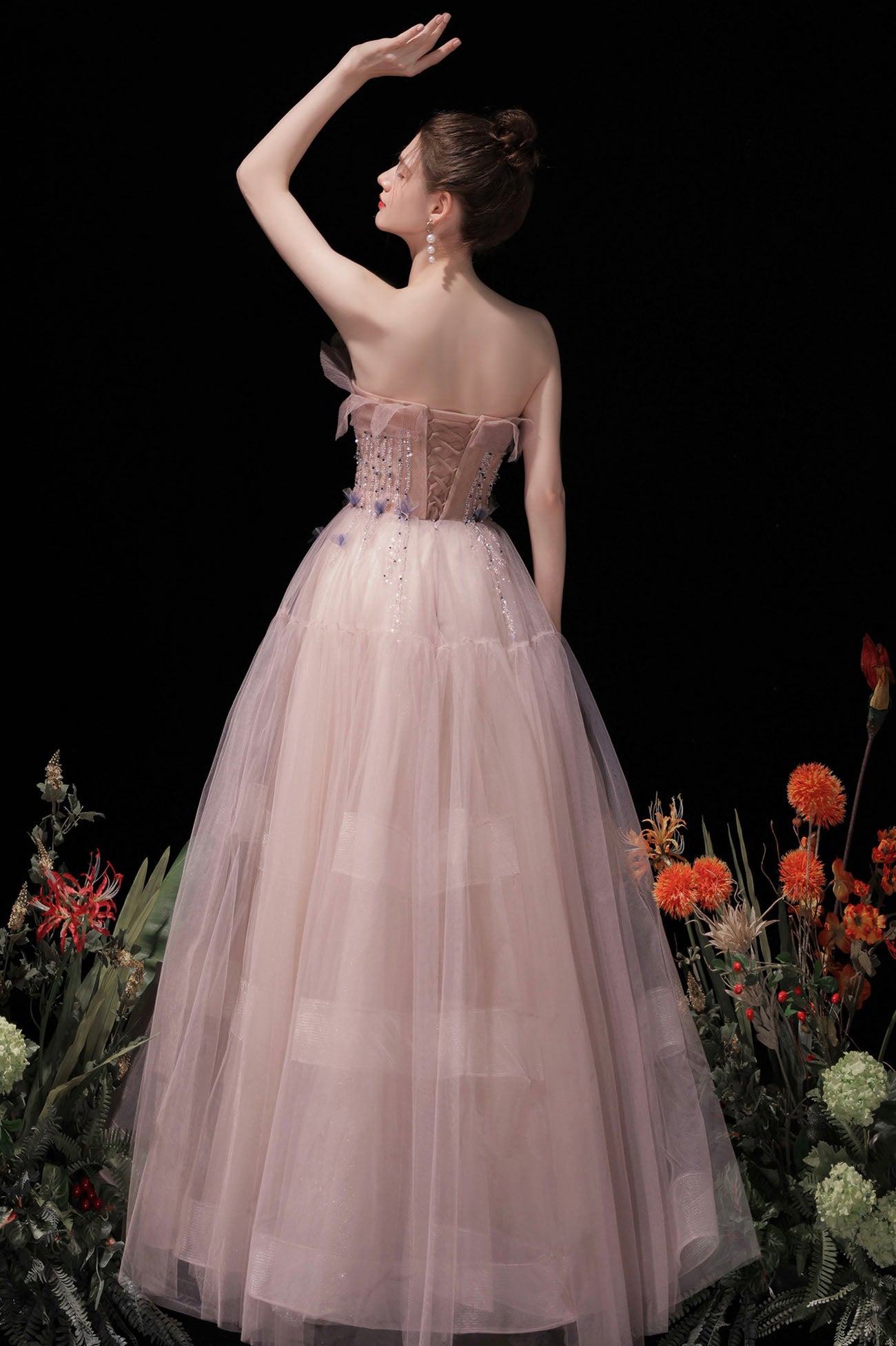 Pink Strapless Tulle Long Prom Dress with Beaded, Lovely Evening Party Dress