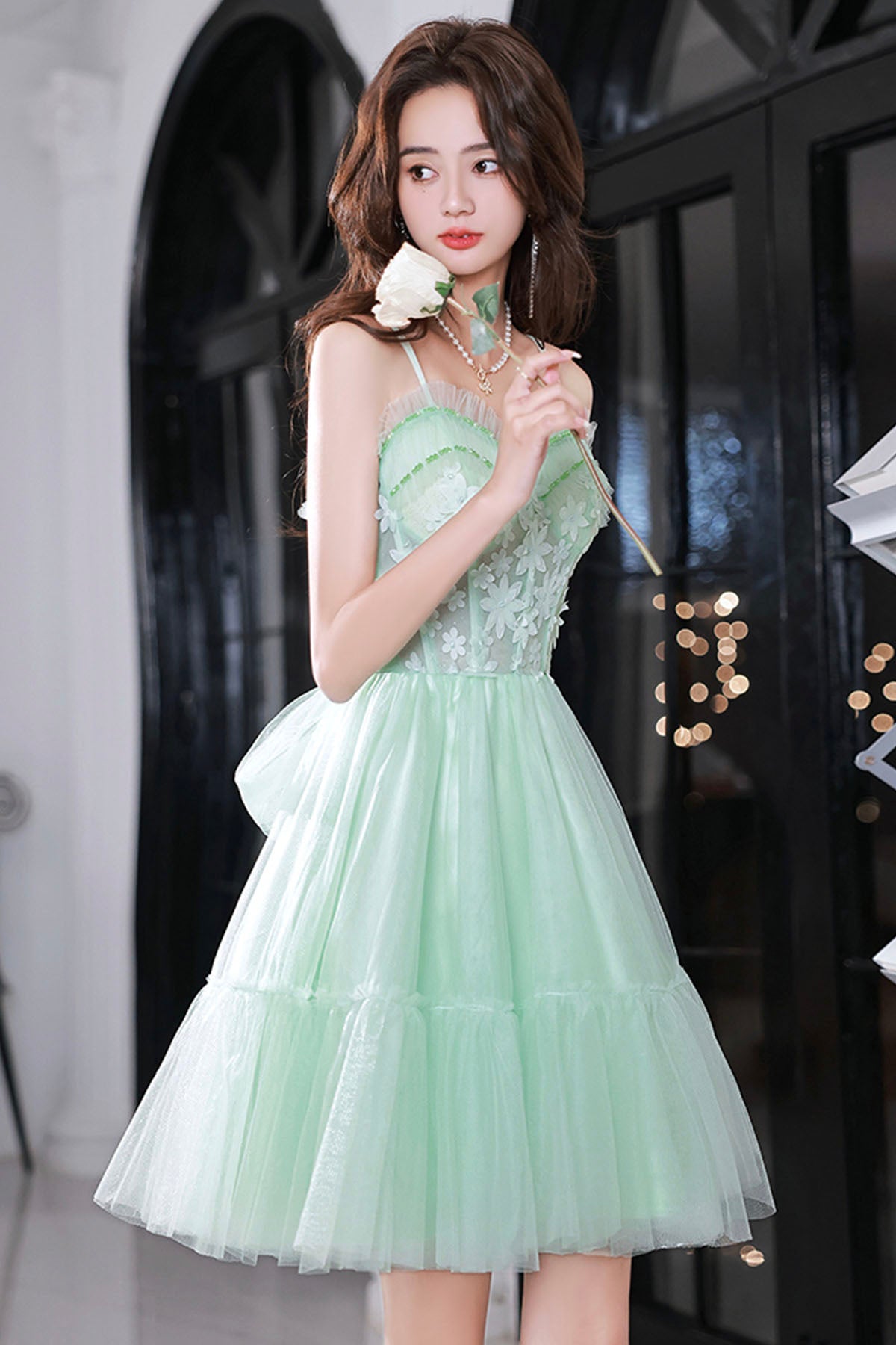 Mint Green Sweetheart Tulle Lace Straps Homecoming Dress, Green Prom Dress