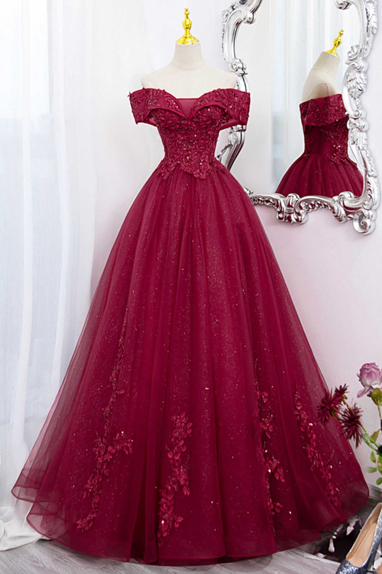 Burgundy Sweet 16 Formal Gown with Lace, Off the Shoulder Prom Dress Party Dress