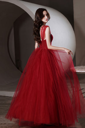 Red Tulle Long A-Line Prom Dress, Off the Shoulder Evening Graduation Dress