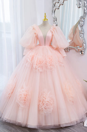 Pink V-Neck Tulle Long Prom Dress, A-Line Puff Sleeve Princess Dress