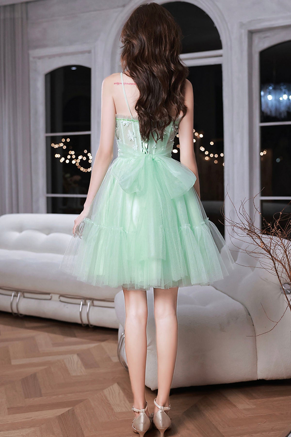 Mint Green Sweetheart Tulle Lace Straps Homecoming Dress, Green Prom D Mint Green Sweetheart Tulle Lace Straps Homecoming Dress, Green Prom D