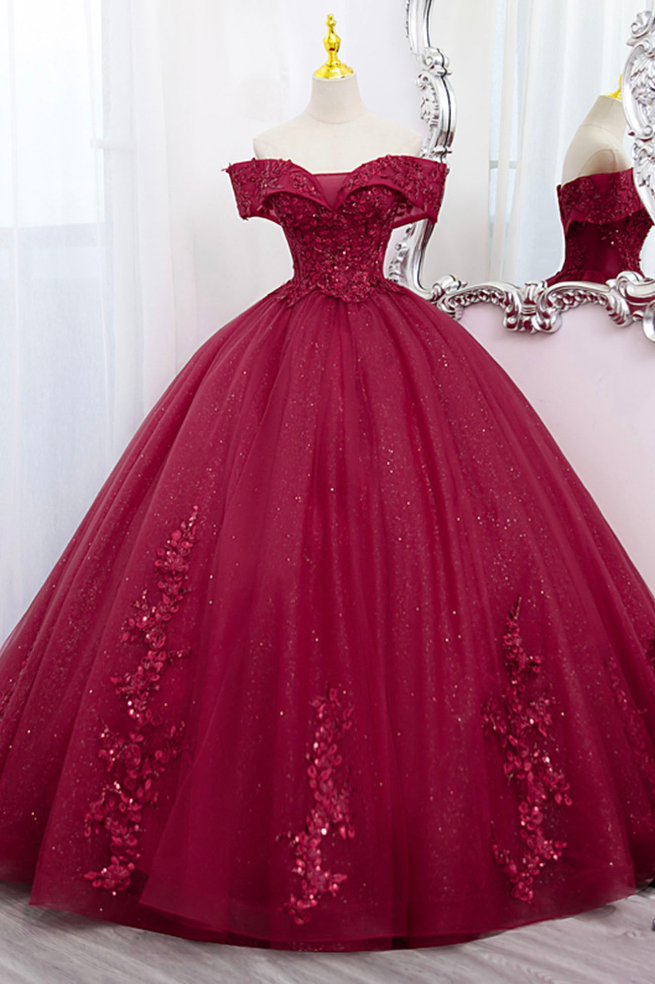 Burgundy Sweet 16 Formal Gown with Lace, Off the Shoulder Prom Dress Party Dress