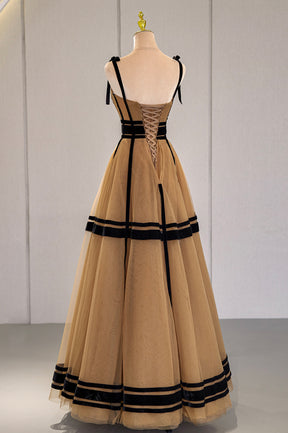 Stylish Tulle Long A-Line Prom Dress, Unique Spaghetti Strap Evening Dress