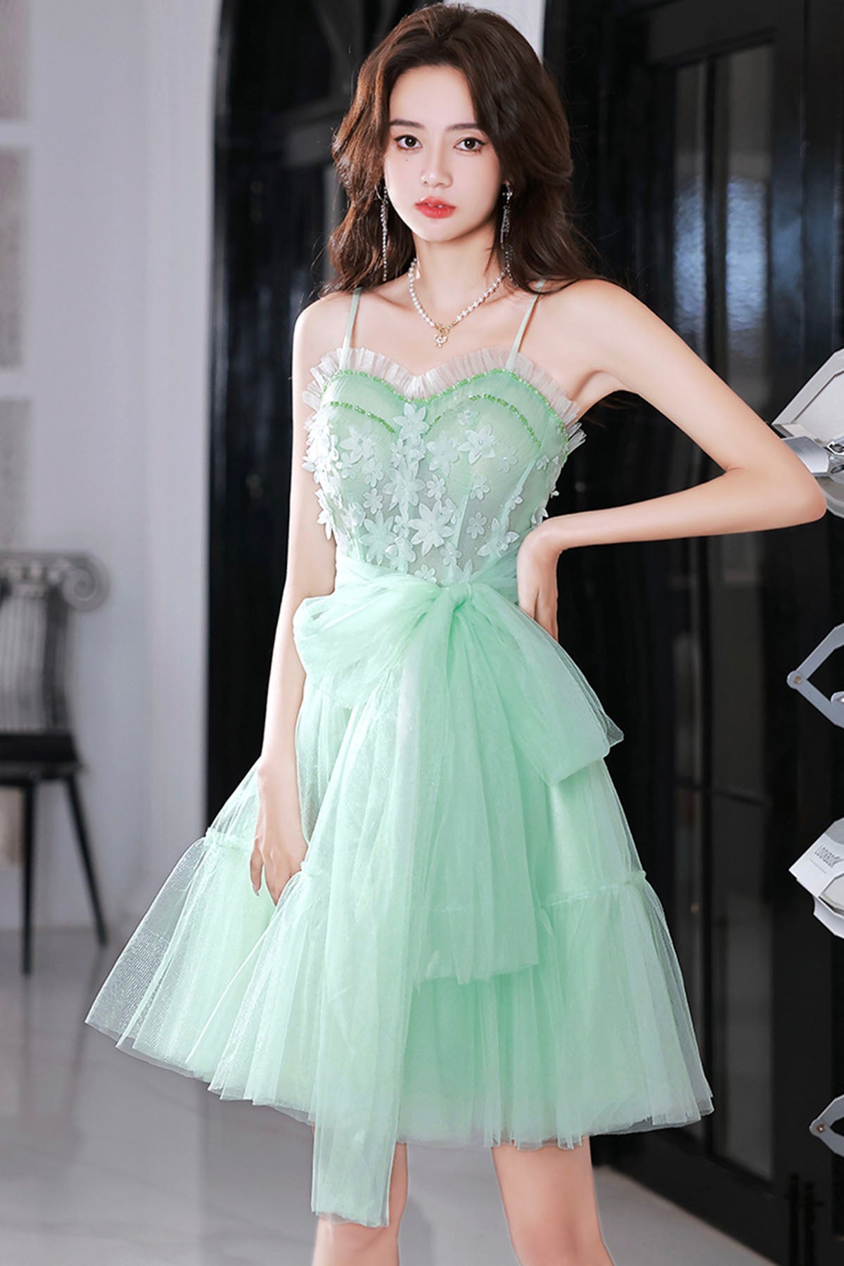 Mint Green Sweetheart Tulle Lace Straps Homecoming Dress, Green Prom Dress