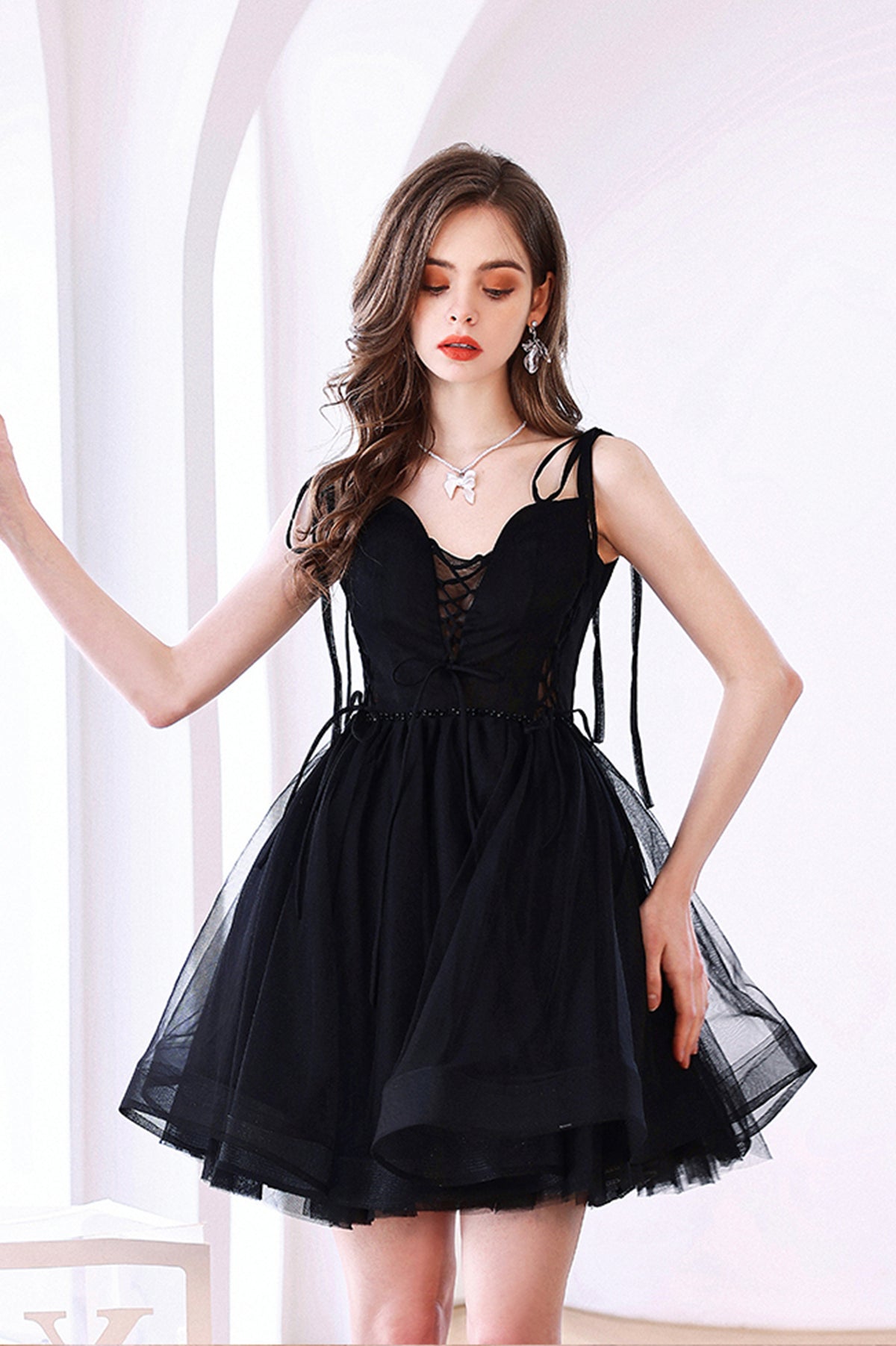 Black Tulle Short Prom Dress, Black V-Neck Homecoming Party Dress