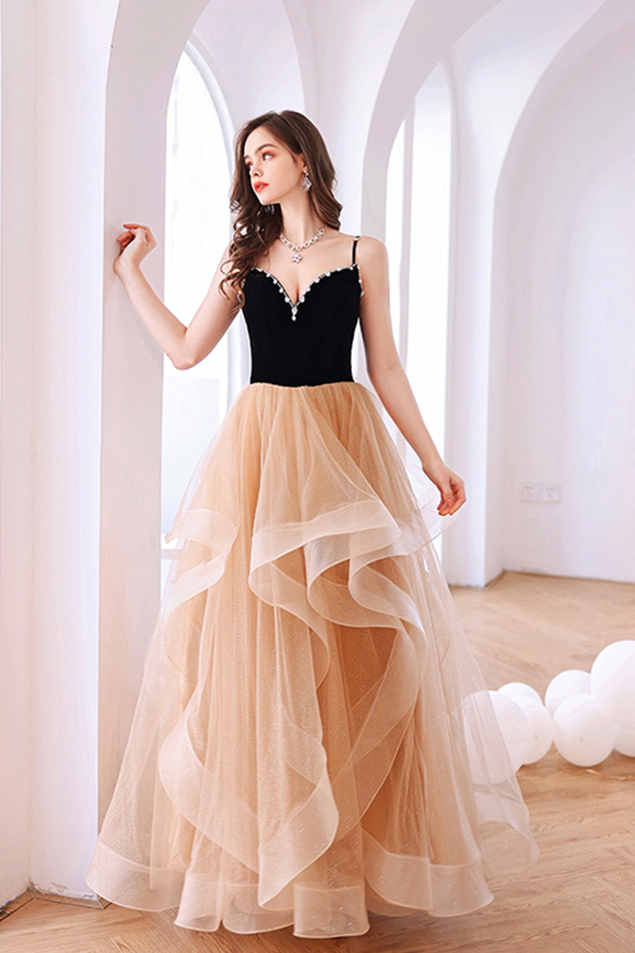 Stylish V-Neck Tulle Layers Long Formal Dress, Cute A-Line Prom Dress
